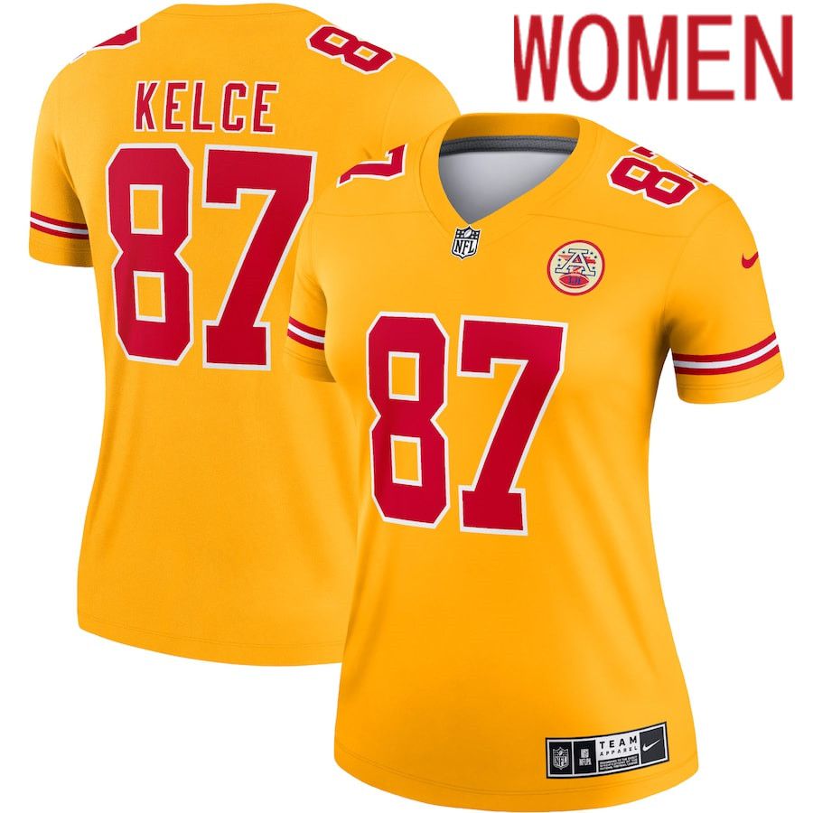 Women Kansas City Chiefs 87 Travis Kelce Nike Gold Inverted Legend NFL Jersey